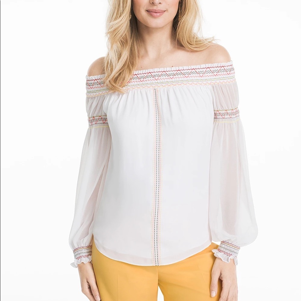 WHBM OFF-THE-SHOULDER MULTI EMBROIDERED BLOUSE